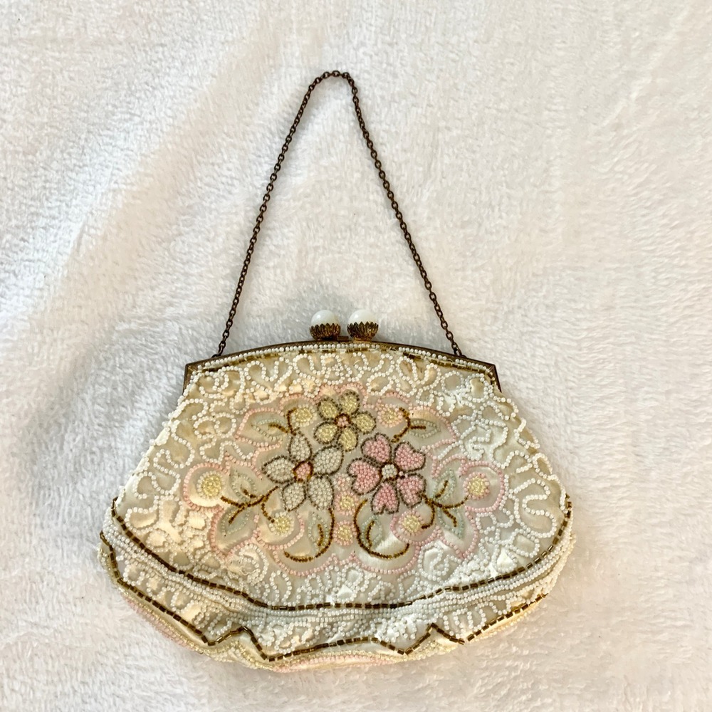 Oberon Paris Vintage Beaded Floral Evening Bag Womens Size S Ivory Pink Satin